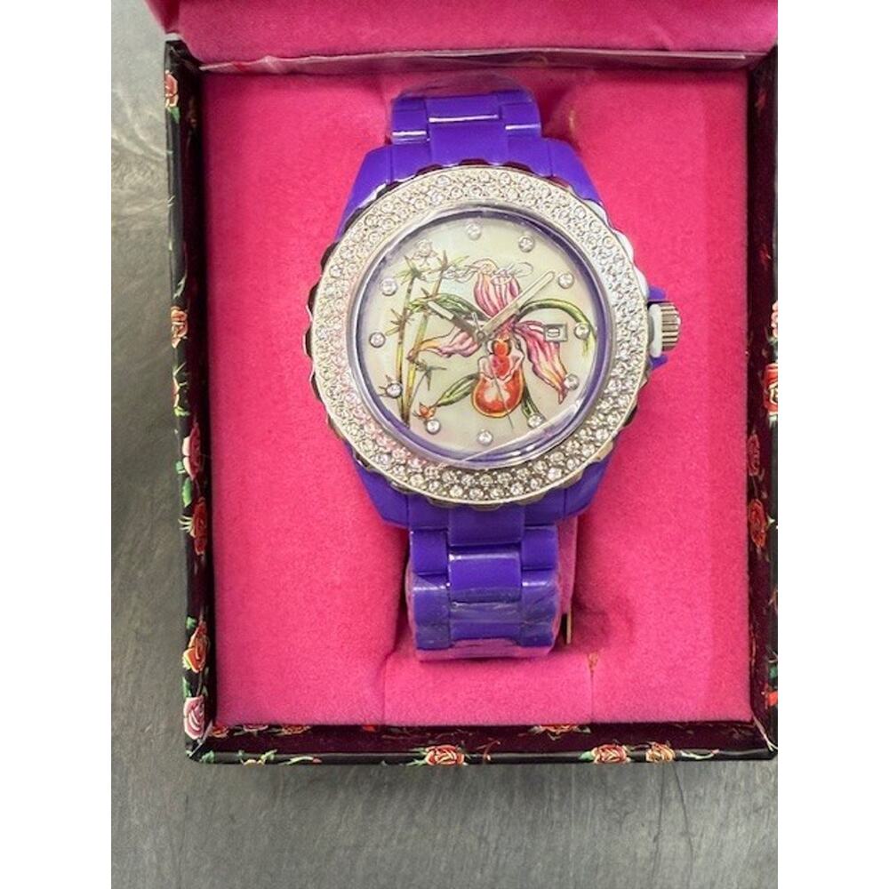 NEW Ed Hardy Women’s Swarovski Elements Crystals Floral Purple Band Watch - Picture 3 of 7